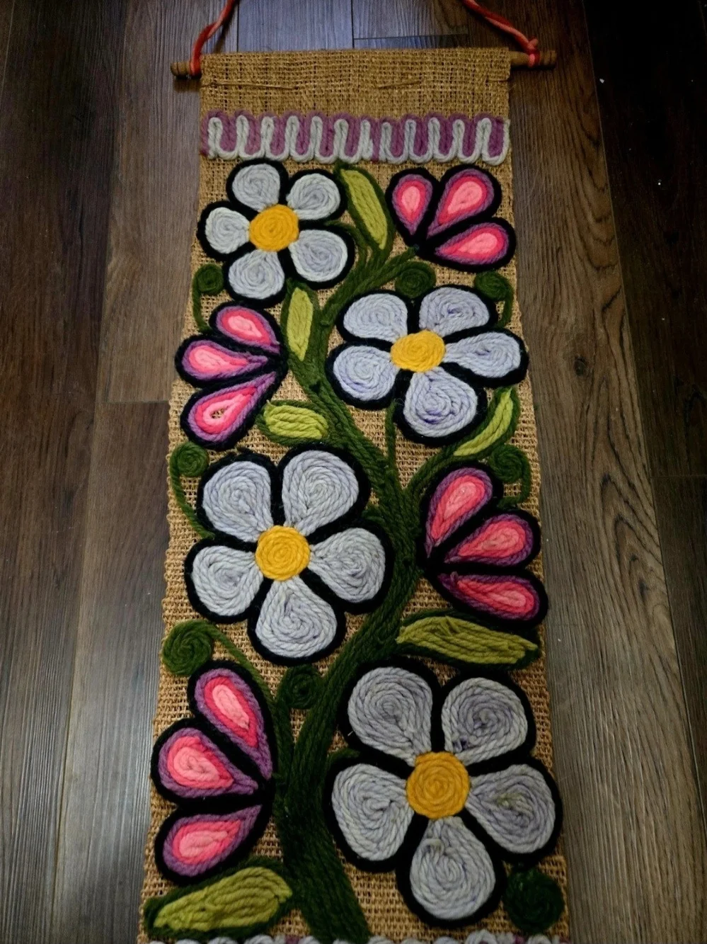 Bohemian Handmade Vintage 1970's Burlap & Yarn Wall Art Hanging Tapestry 38